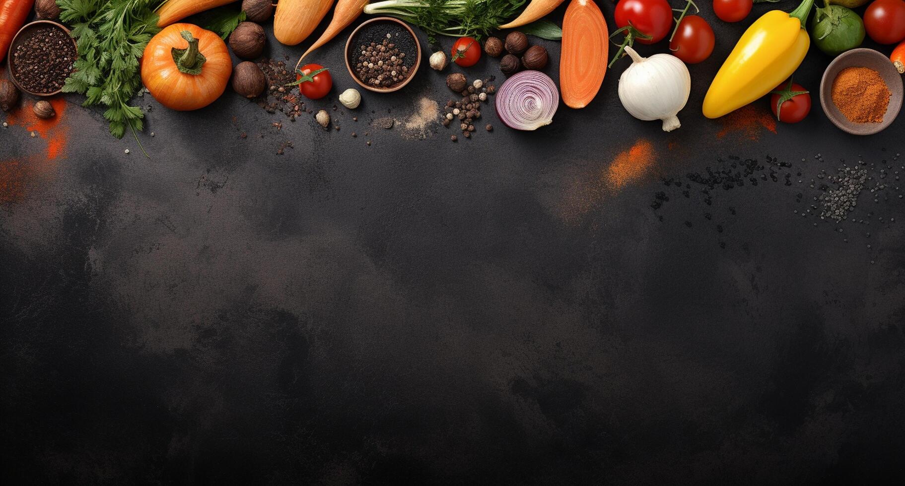 Vegetables set and spices for cooking on dark background. photo