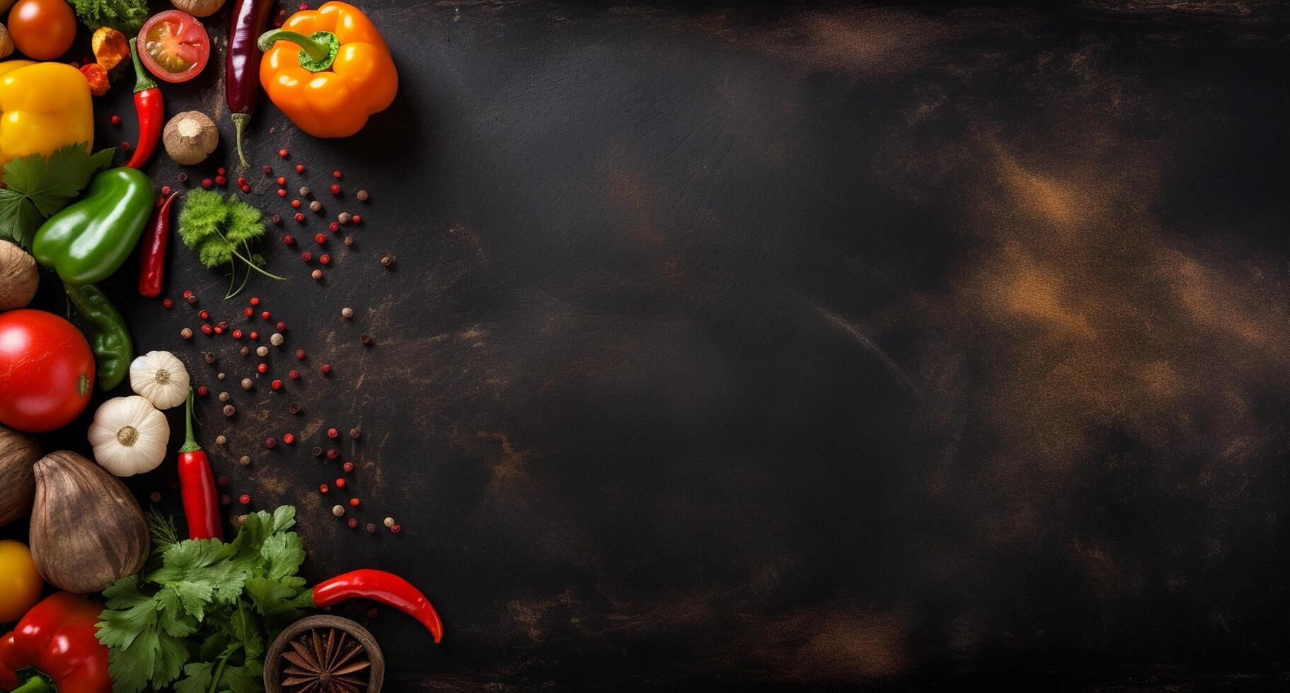Vegetables set and spices for cooking on dark background. photo