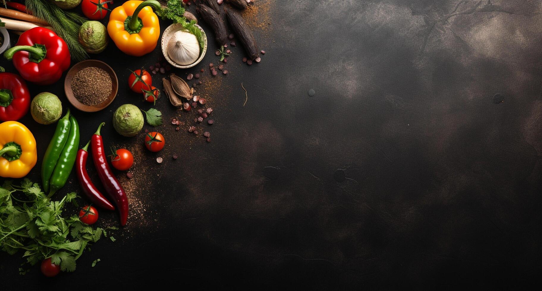 Vegetables set and spices for cooking on dark background. AI Generated photo