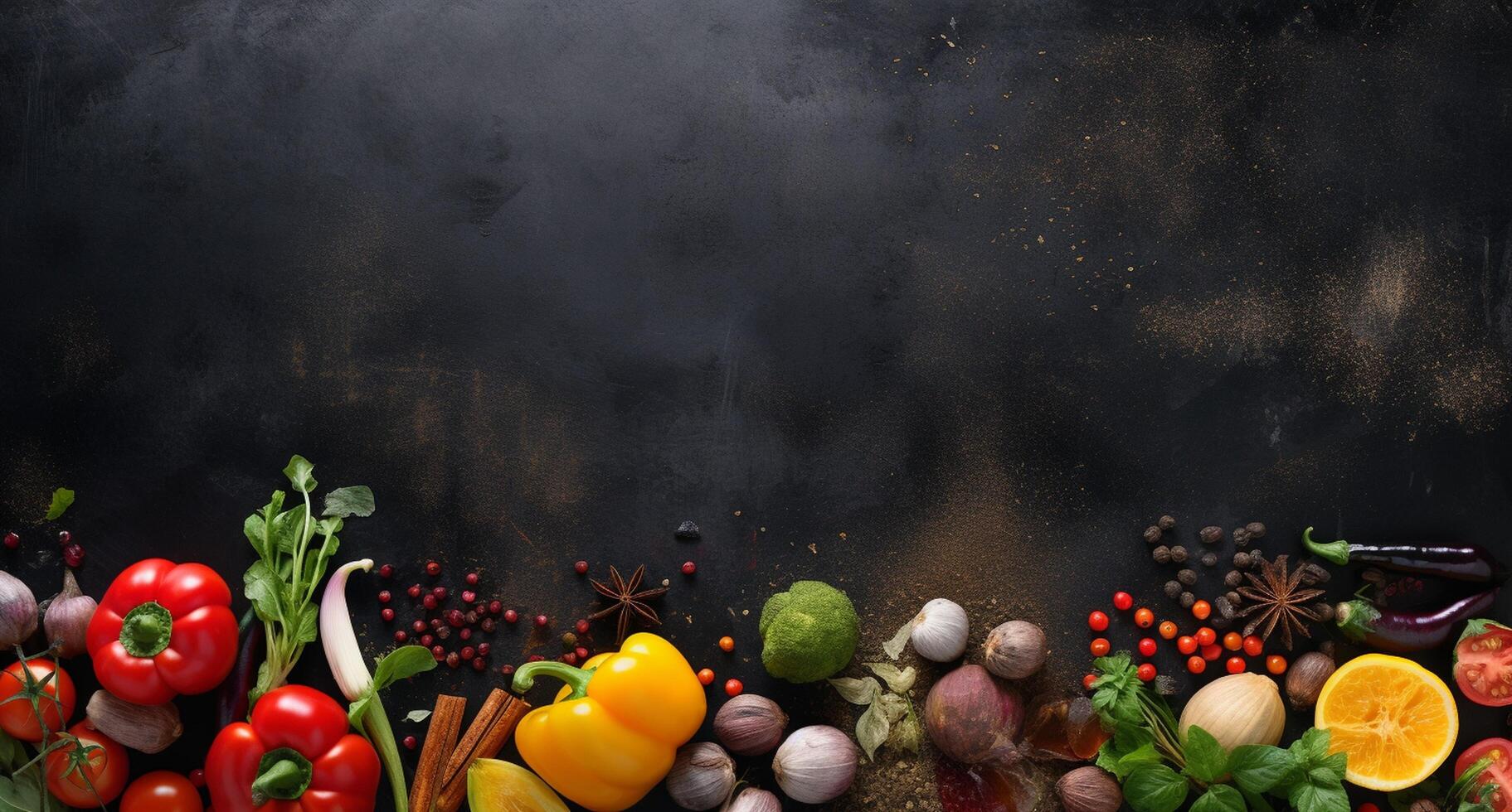 Vegetables set and spices for cooking on dark background. photo