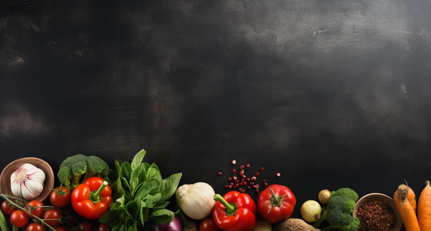 Vegetables set and spices for cooking on dark background. photo