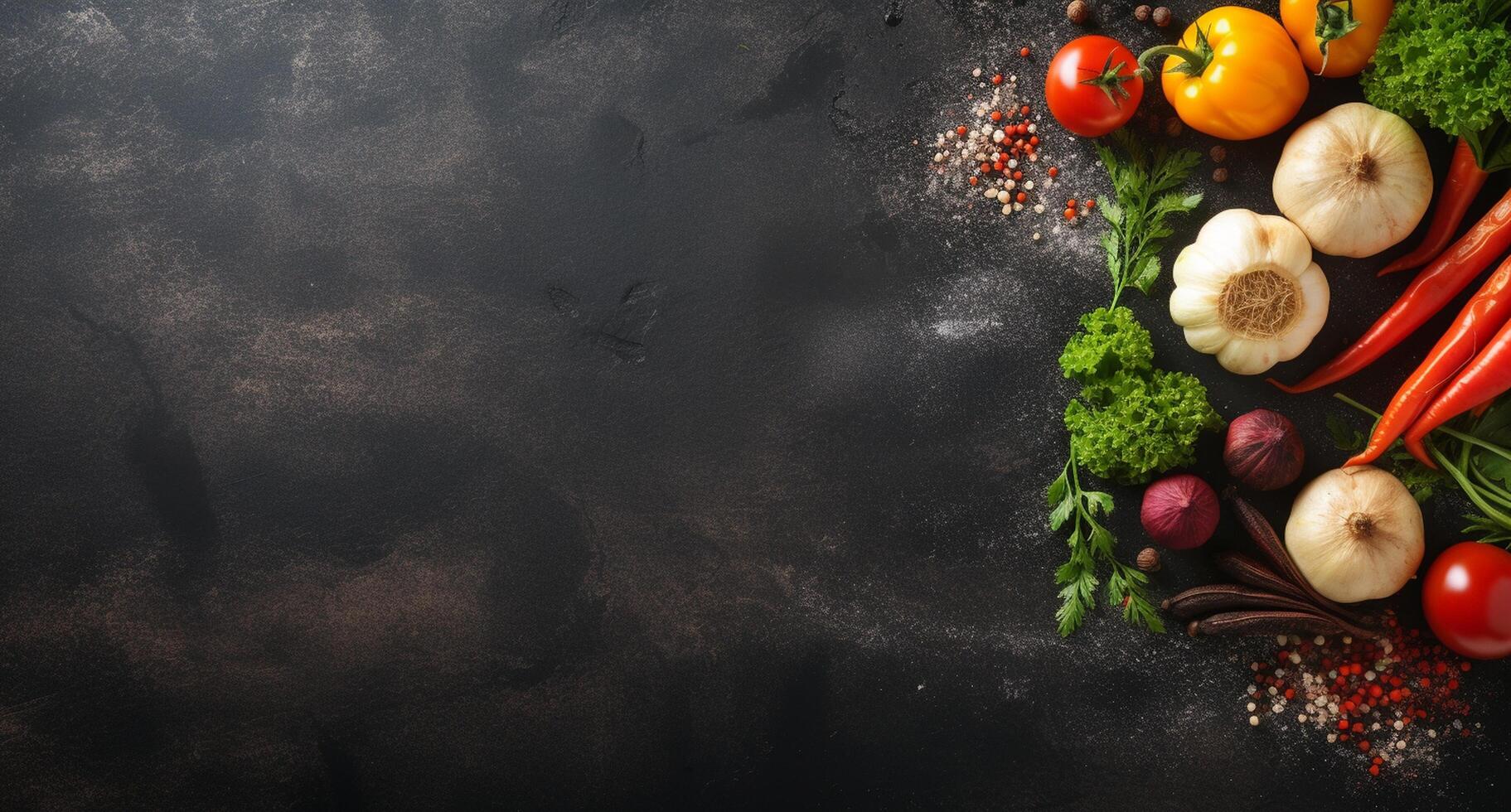Vegetables set and spices for cooking on dark background. photo