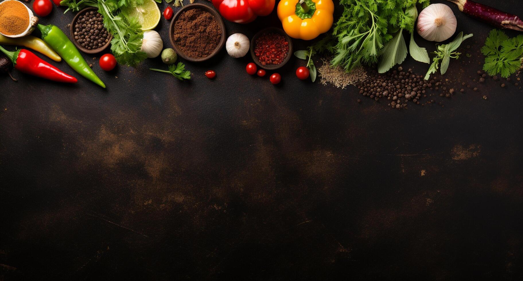 Vegetables set and spices for cooking on dark background. photo