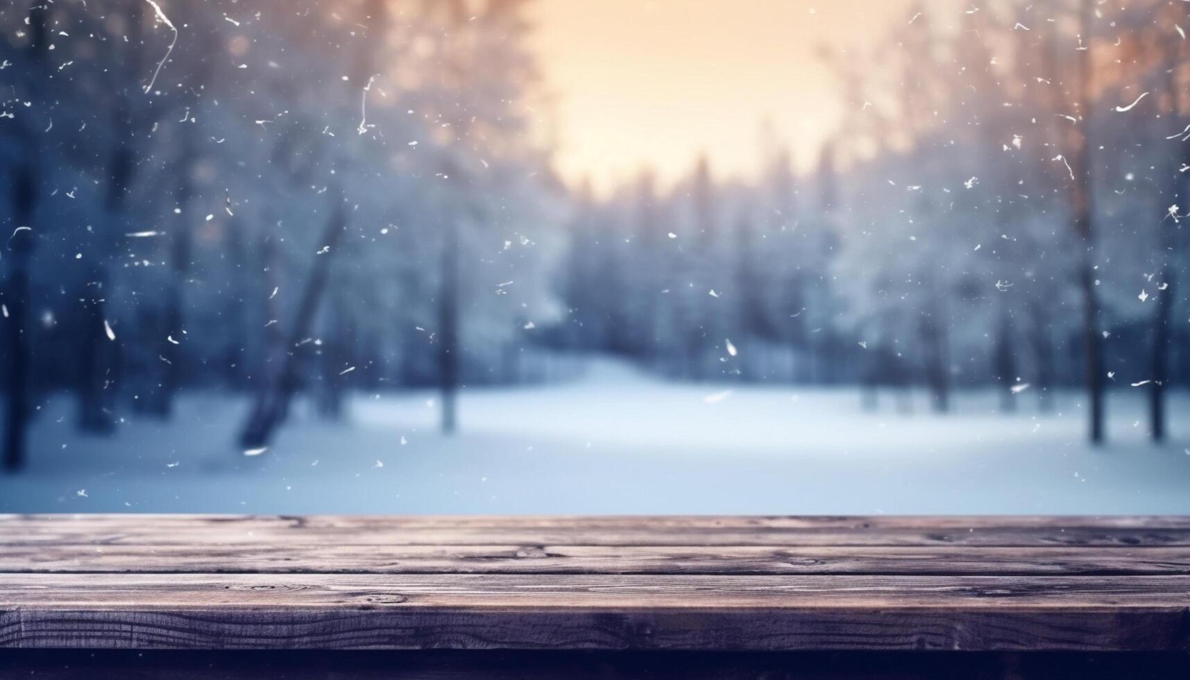 Empty Wooden table in front of winter landscape blurred background. photo