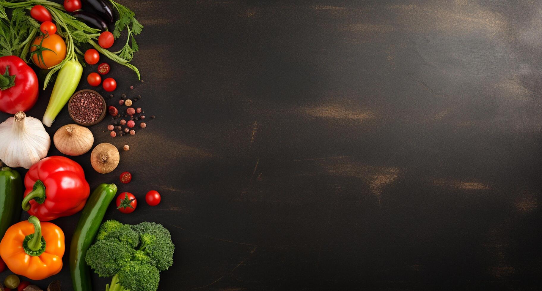 Vegetables set and spices for cooking on dark background. photo