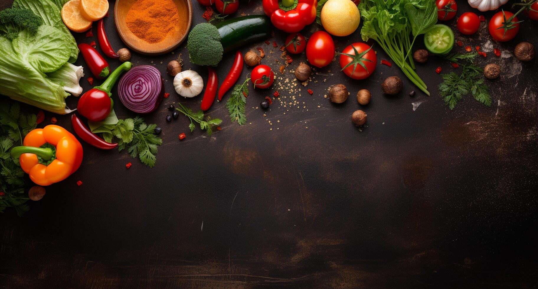 Vegetables set and spices for cooking on dark background. photo