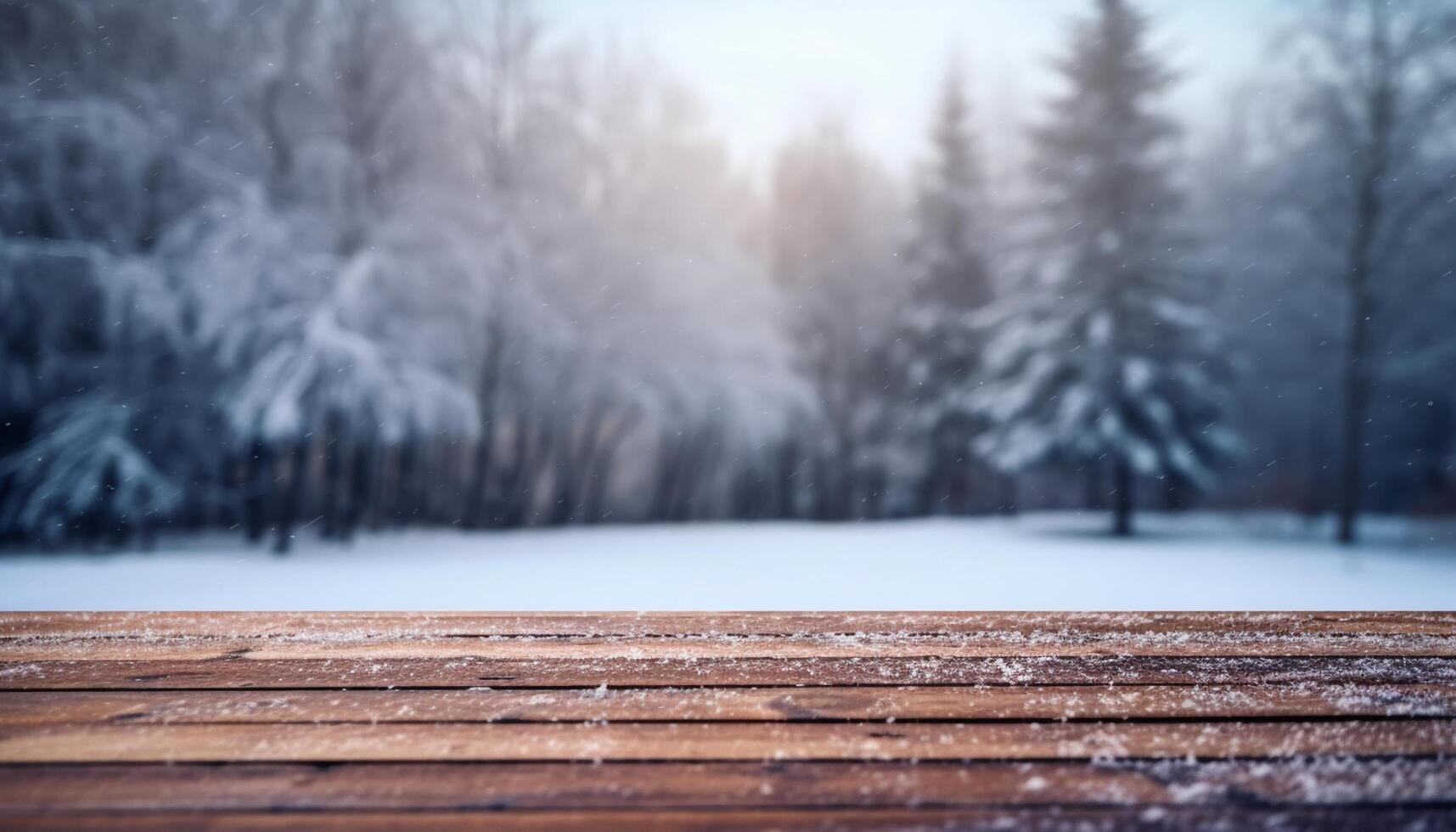 Empty Wooden table in front of winter landscape blurred background. photo