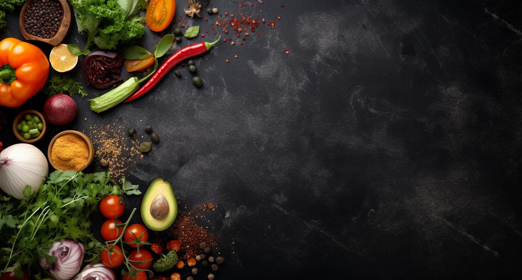 Vegetables set and spices for cooking on dark background. photo