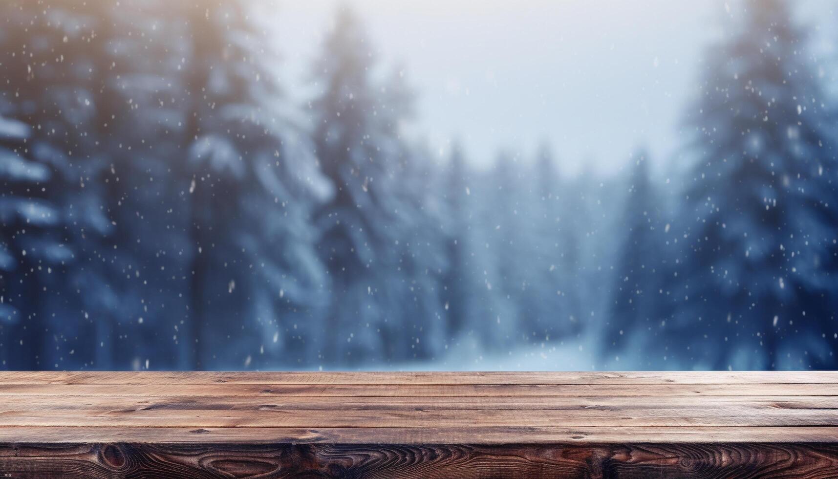 Empty Wooden table in front of winter landscape blurred background. photo