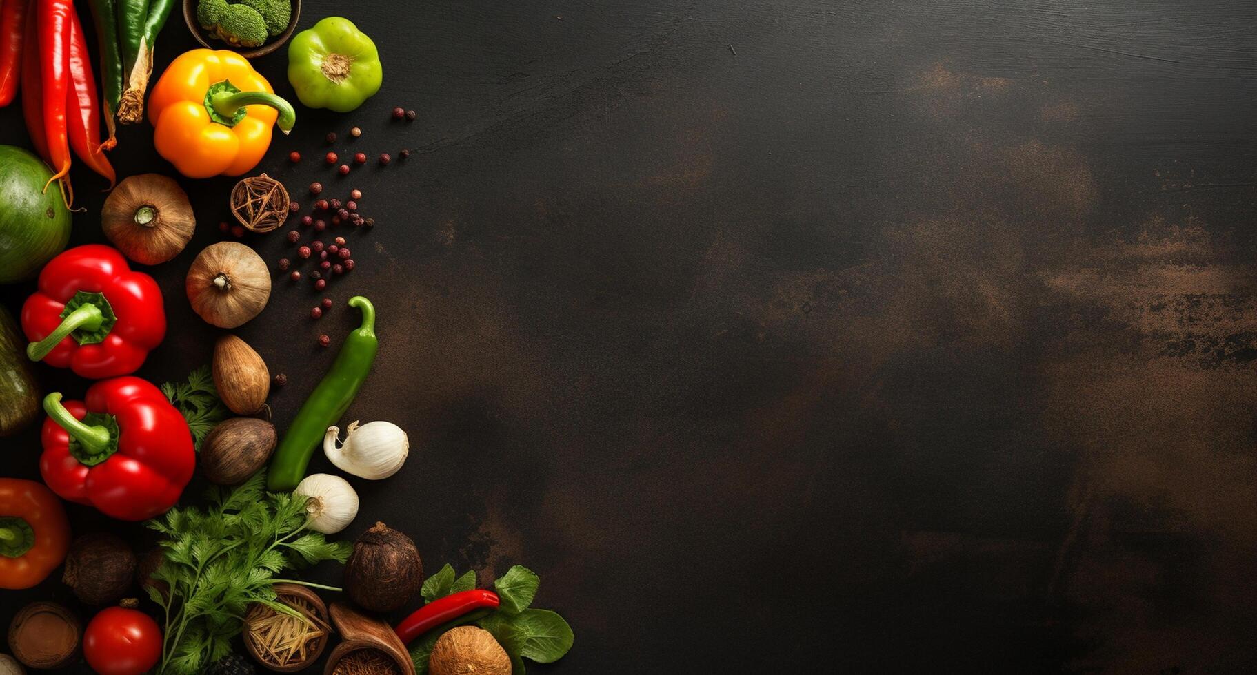 Vegetables set and spices for cooking on dark background. photo
