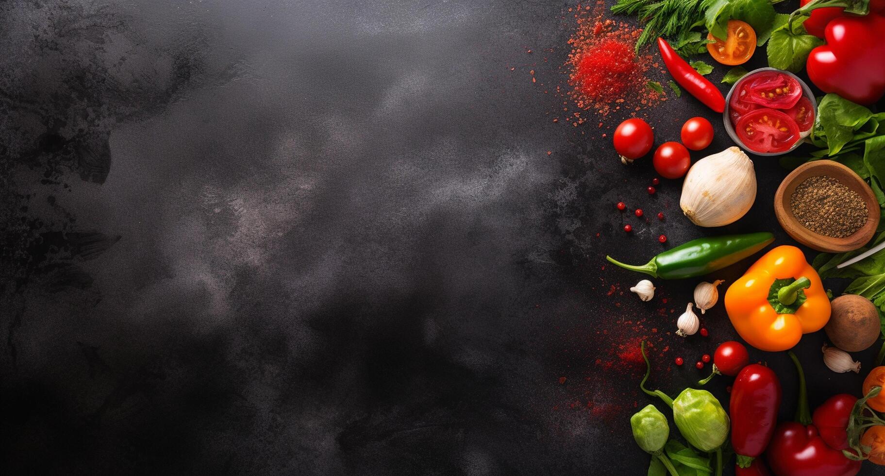 Vegetables set and spices for cooking on dark background. photo
