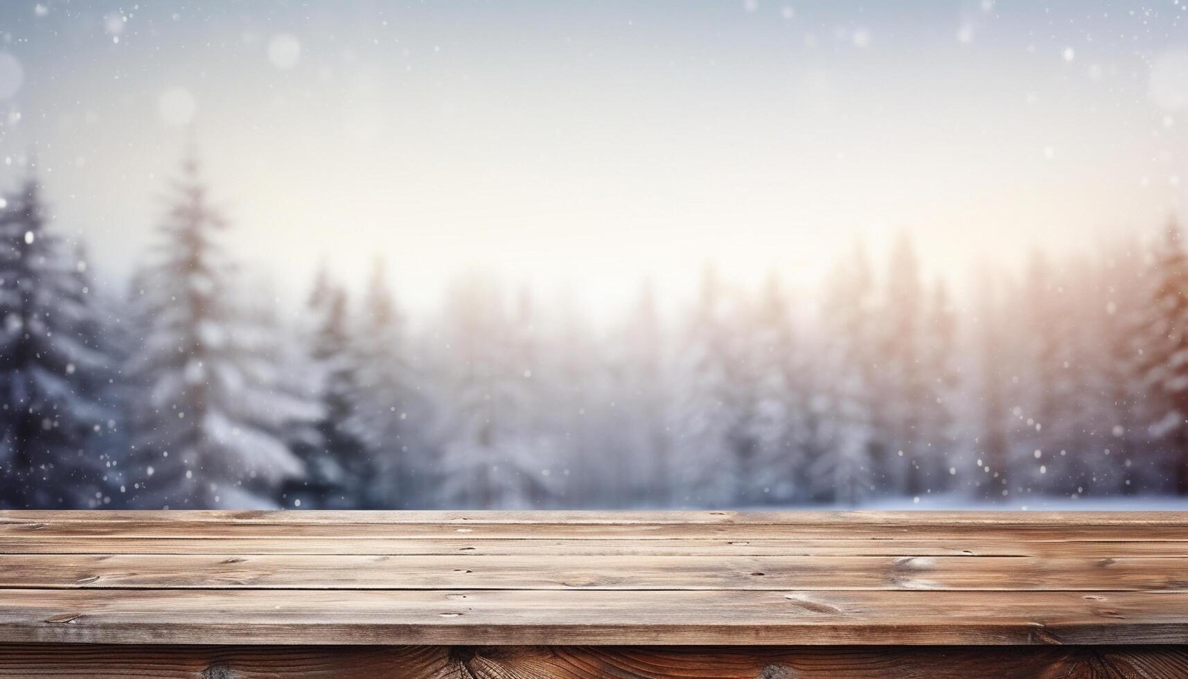 Empty Wooden table in front of winter landscape blurred background. photo