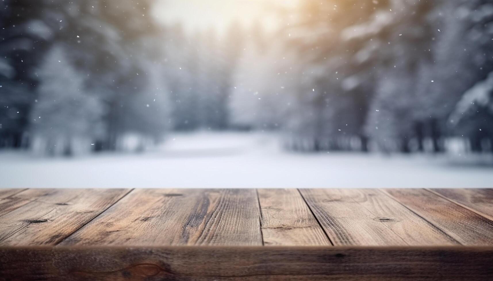 Empty Wooden table in front of winter landscape blurred background. photo