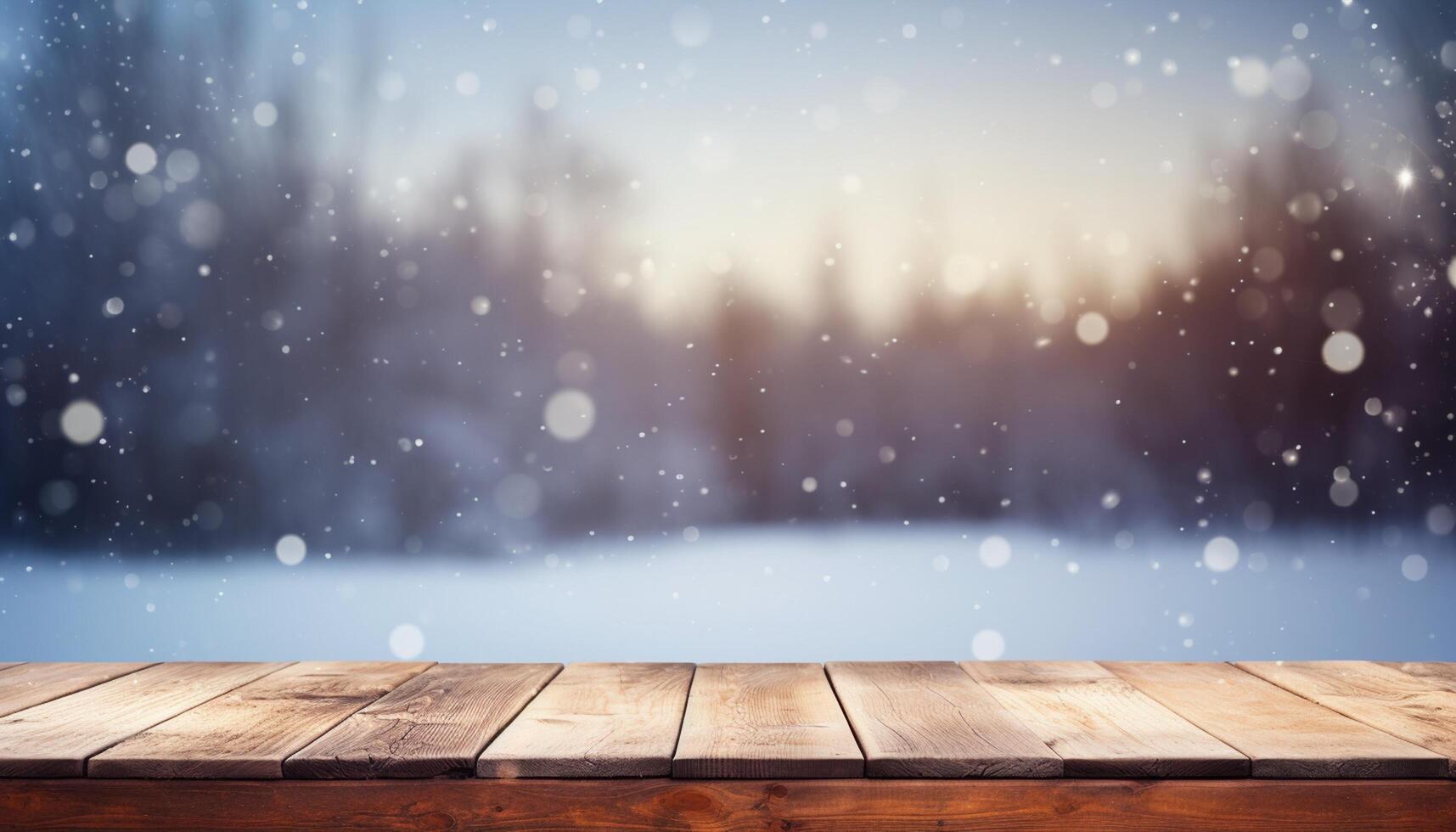 Empty Wooden table in front of winter landscape blurred background. photo