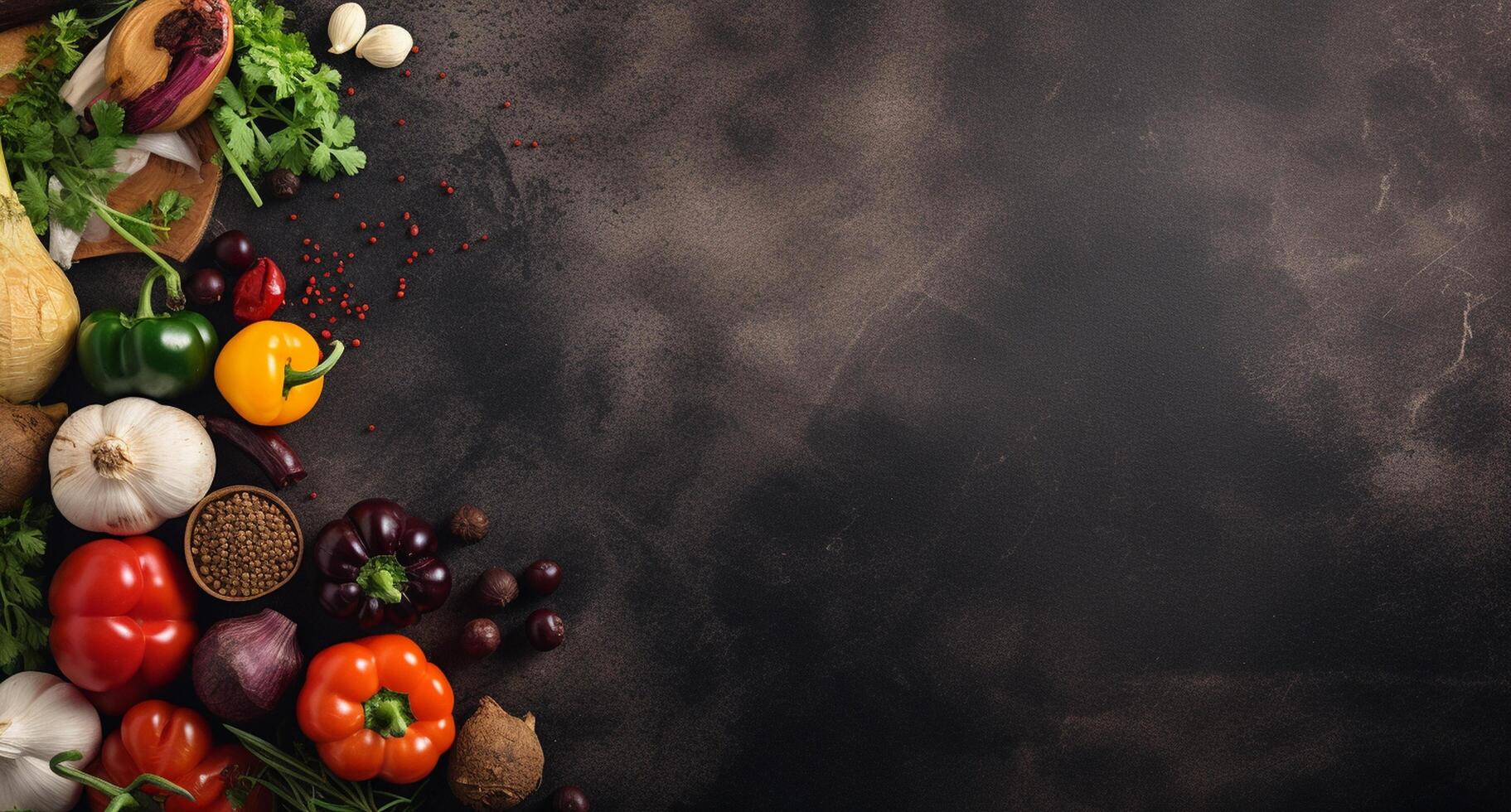 Vegetables set and spices for cooking on dark background. photo