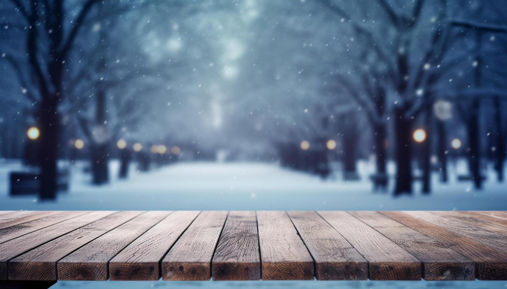 Empty Wooden table in front of winter landscape blurred background. photo