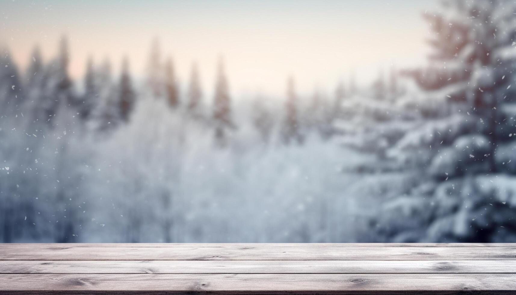 Empty Wooden table in front of winter landscape blurred background. photo