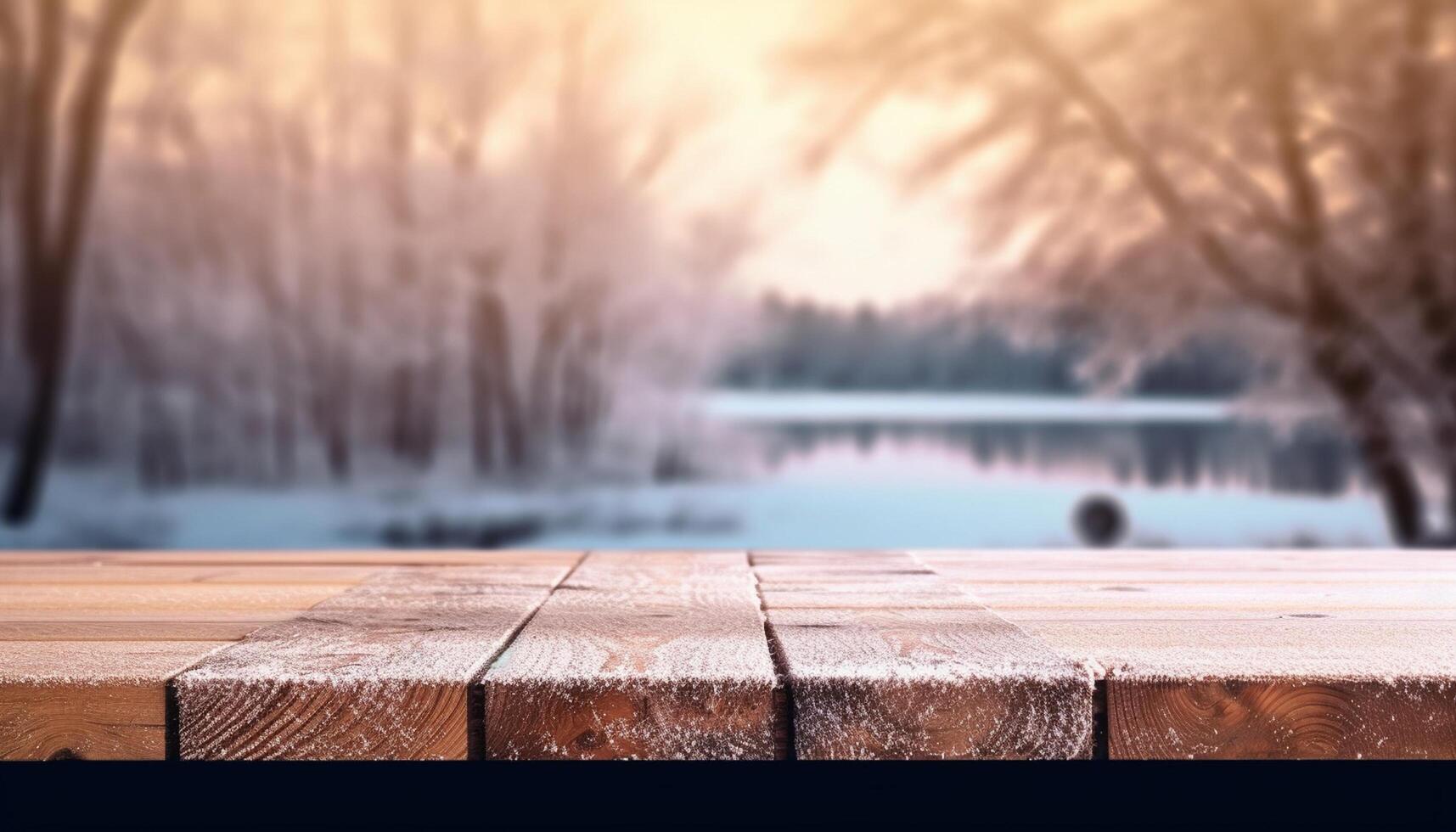 Empty Wooden table in front of winter landscape blurred background. photo