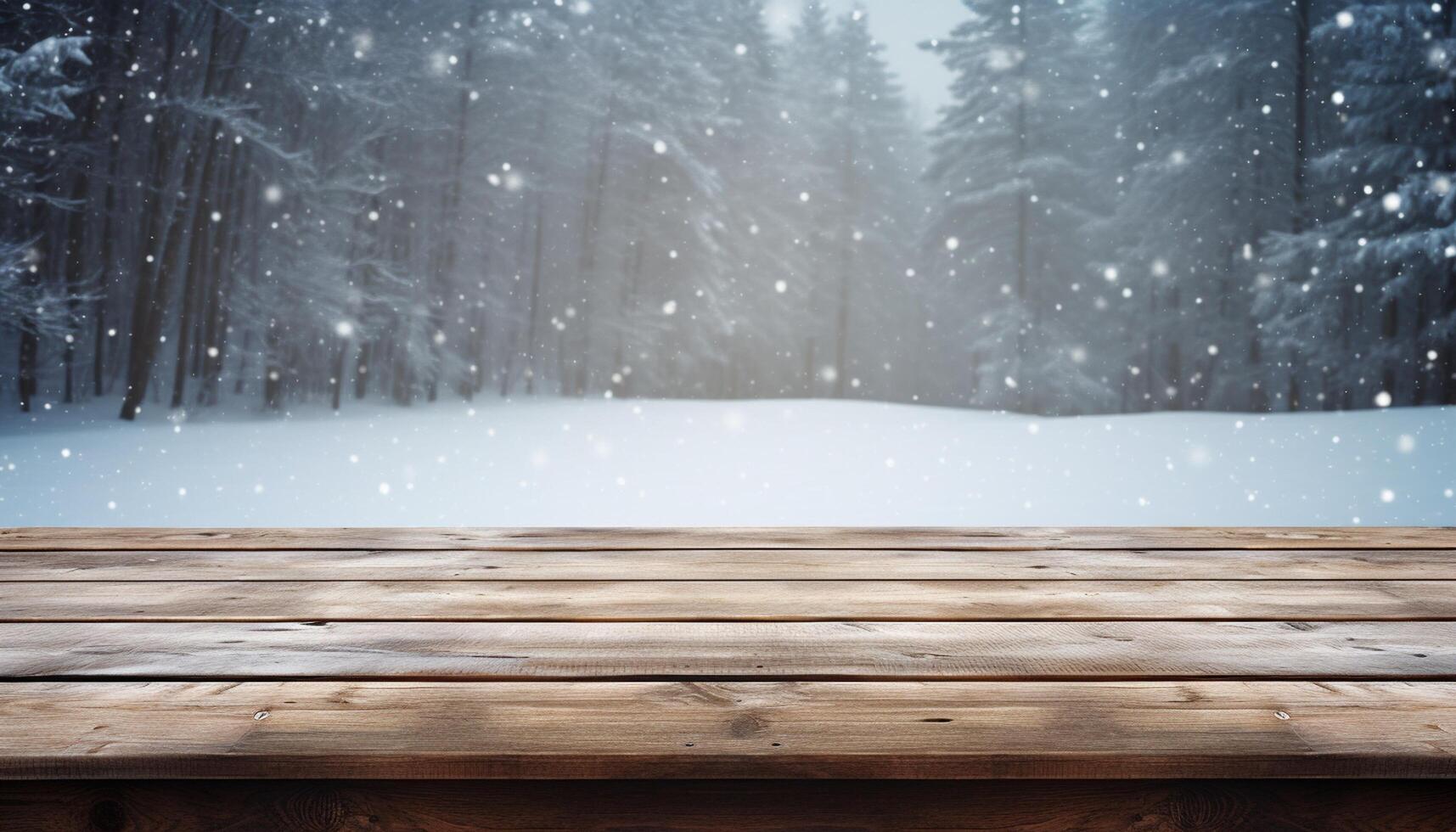 Empty Wooden table in front of winter landscape blurred background. photo