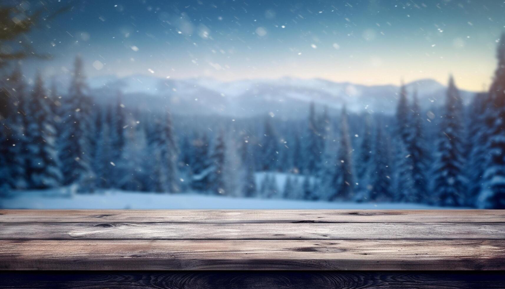 Empty Wooden table in front of winter landscape blurred background. photo