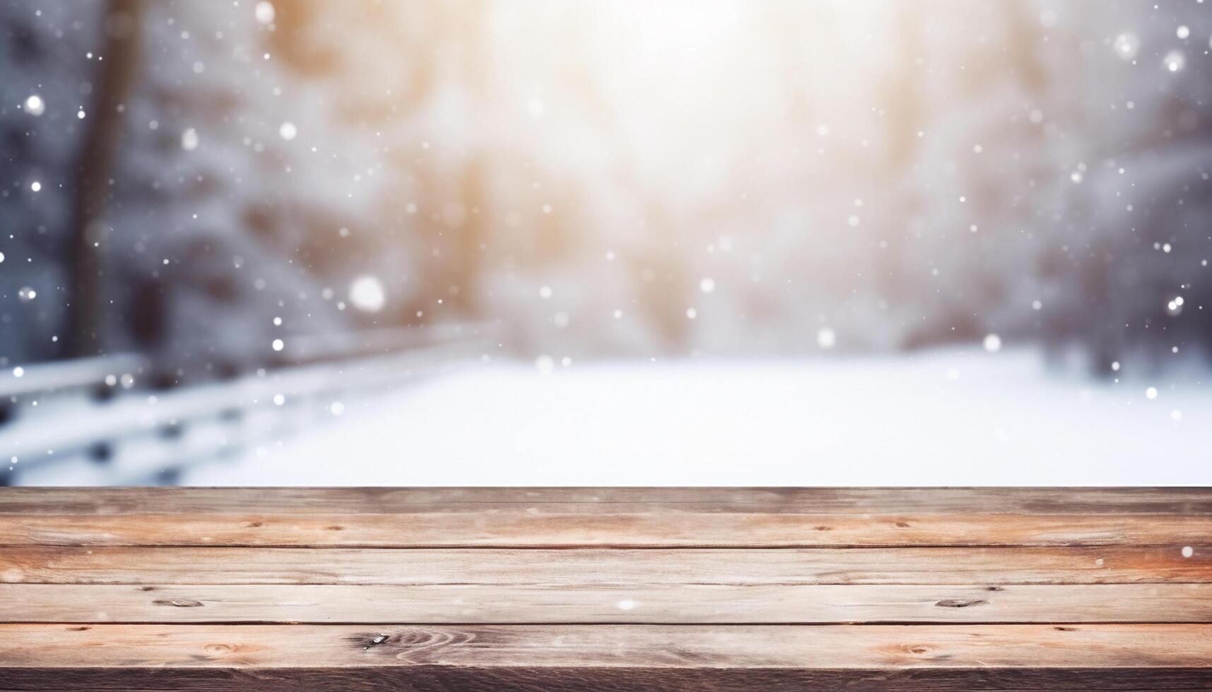 Empty Wooden table in front of winter landscape blurred background. photo