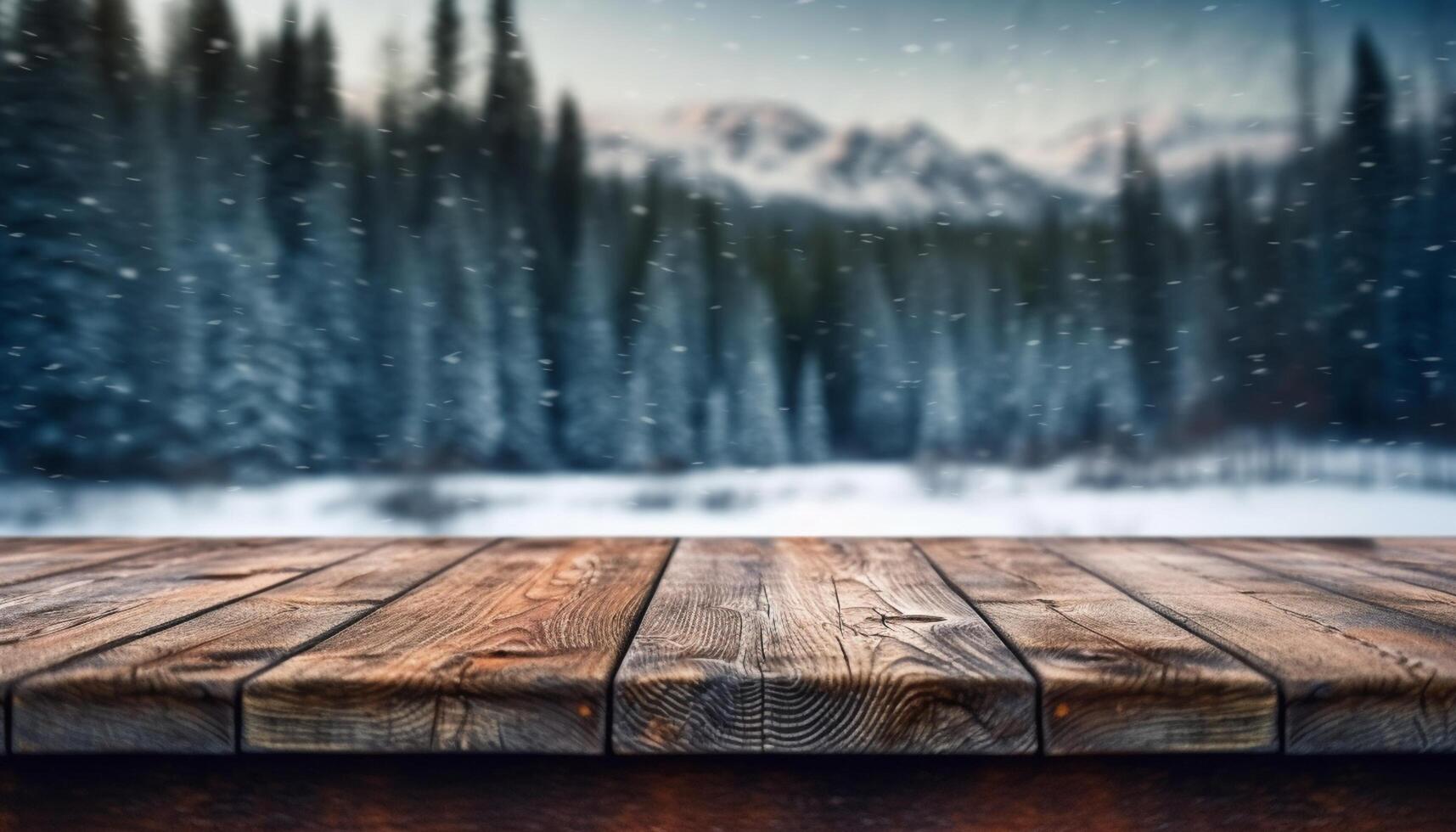 Empty Wooden table in front of winter landscape blurred background. photo