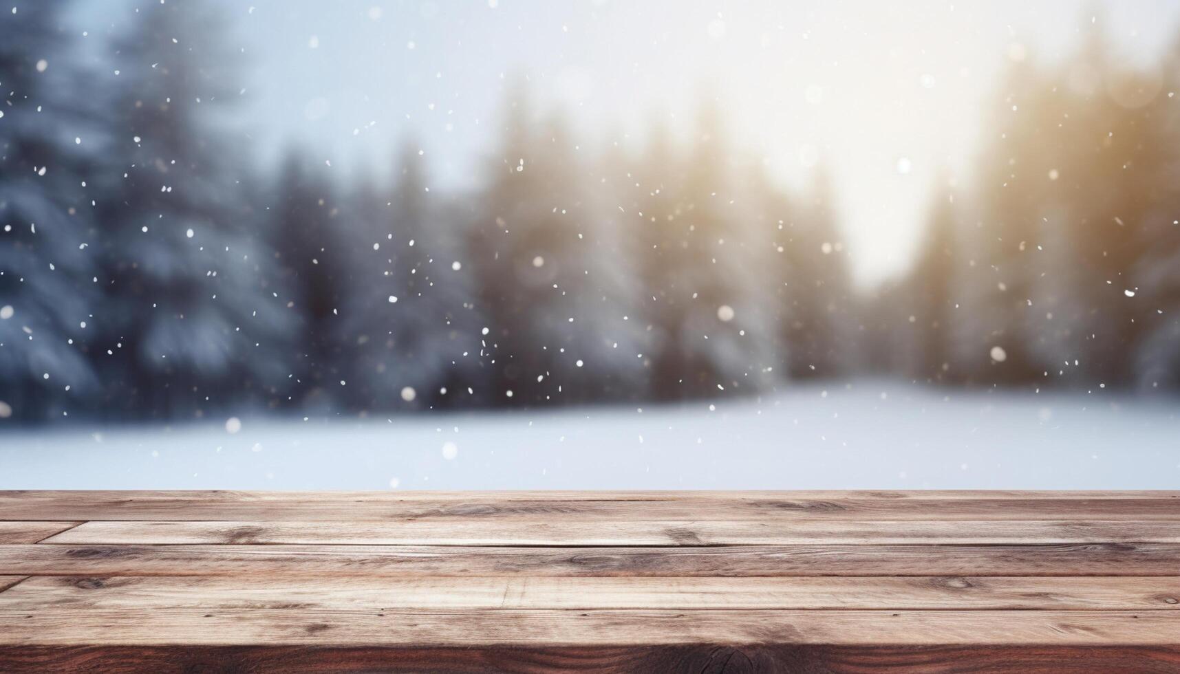 Empty Wooden table in front of winter landscape blurred background. photo