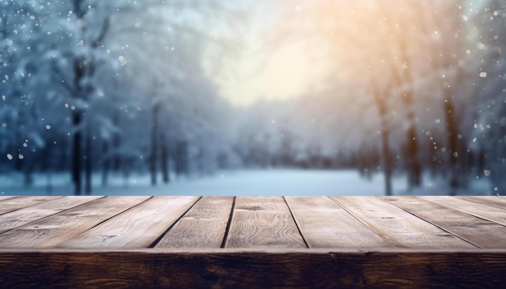 Empty Wooden table in front of winter landscape blurred background. photo