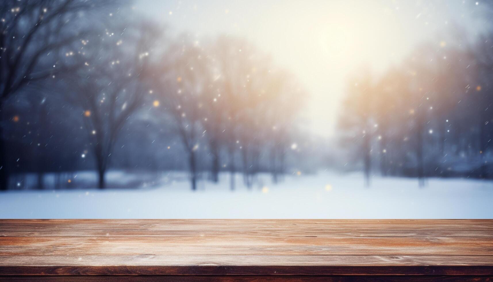 Empty Wooden table in front of winter landscape blurred background. photo