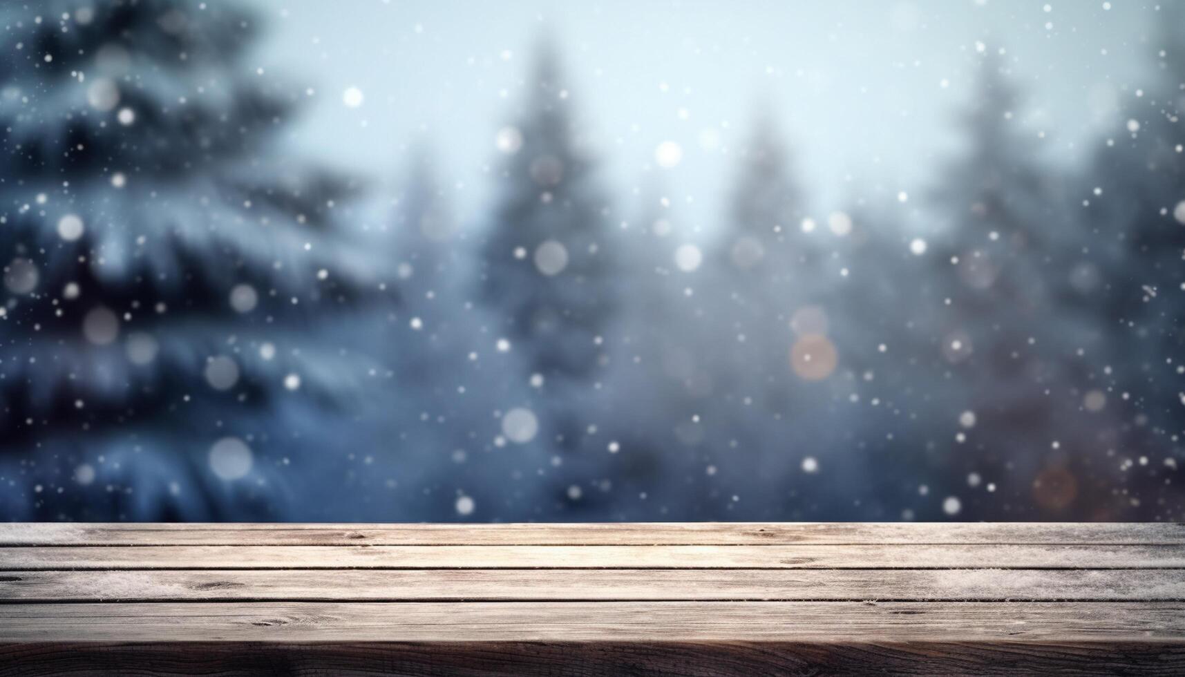 Empty Wooden table in front of winter landscape blurred background. photo