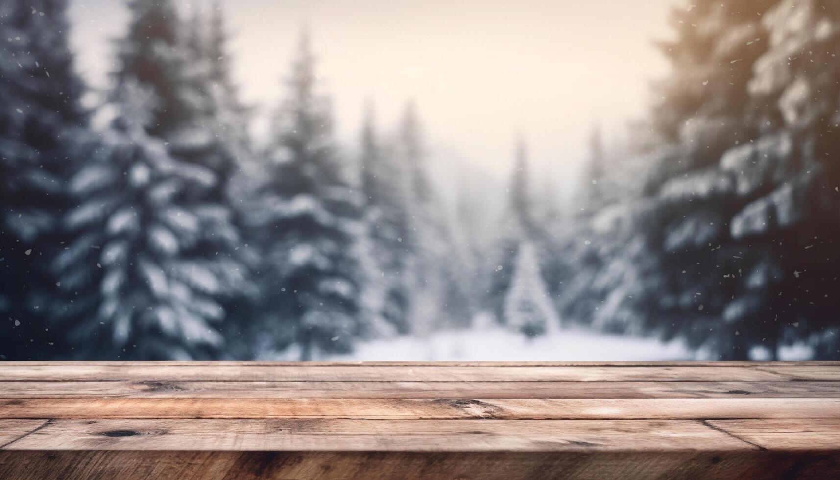 Empty Wooden table in front of winter landscape blurred background. photo