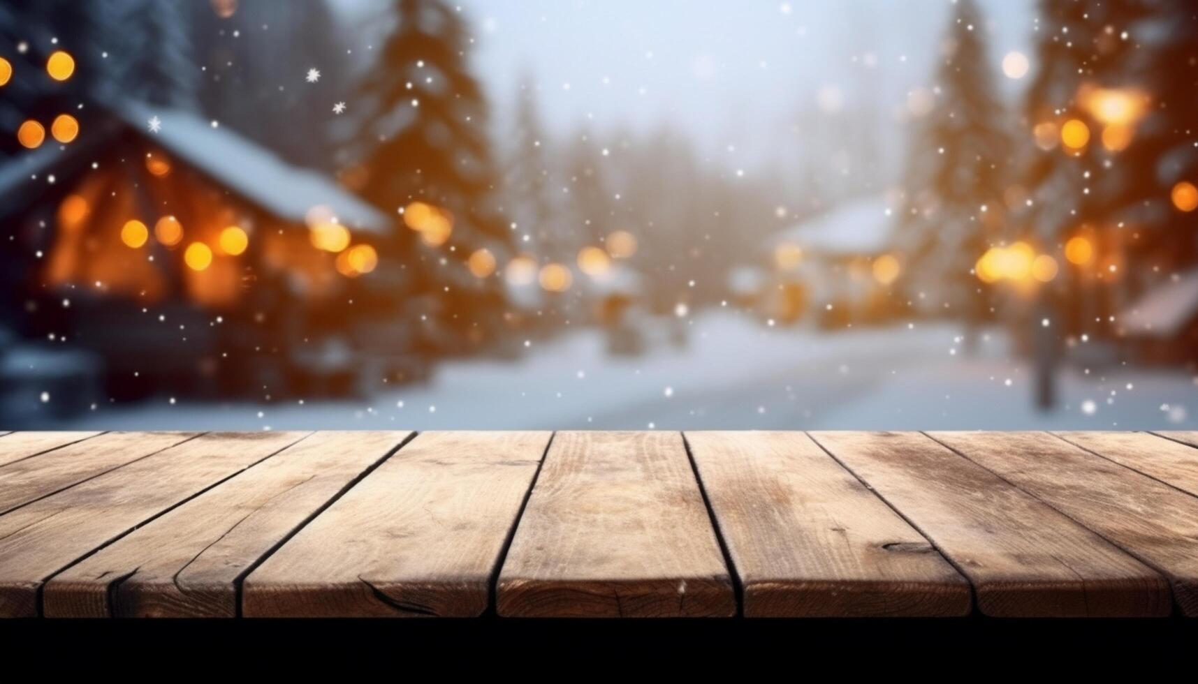 Empty Wooden table in front of winter landscape blurred background. photo