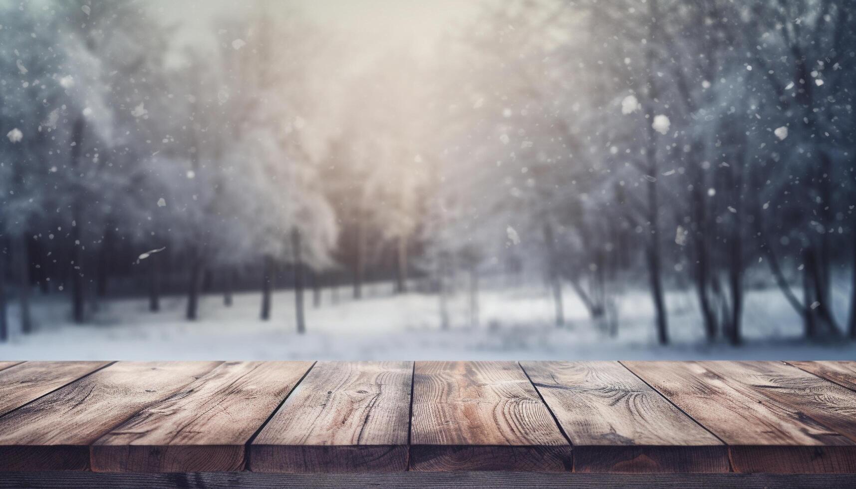 Empty Wooden table in front of winter landscape blurred background. photo
