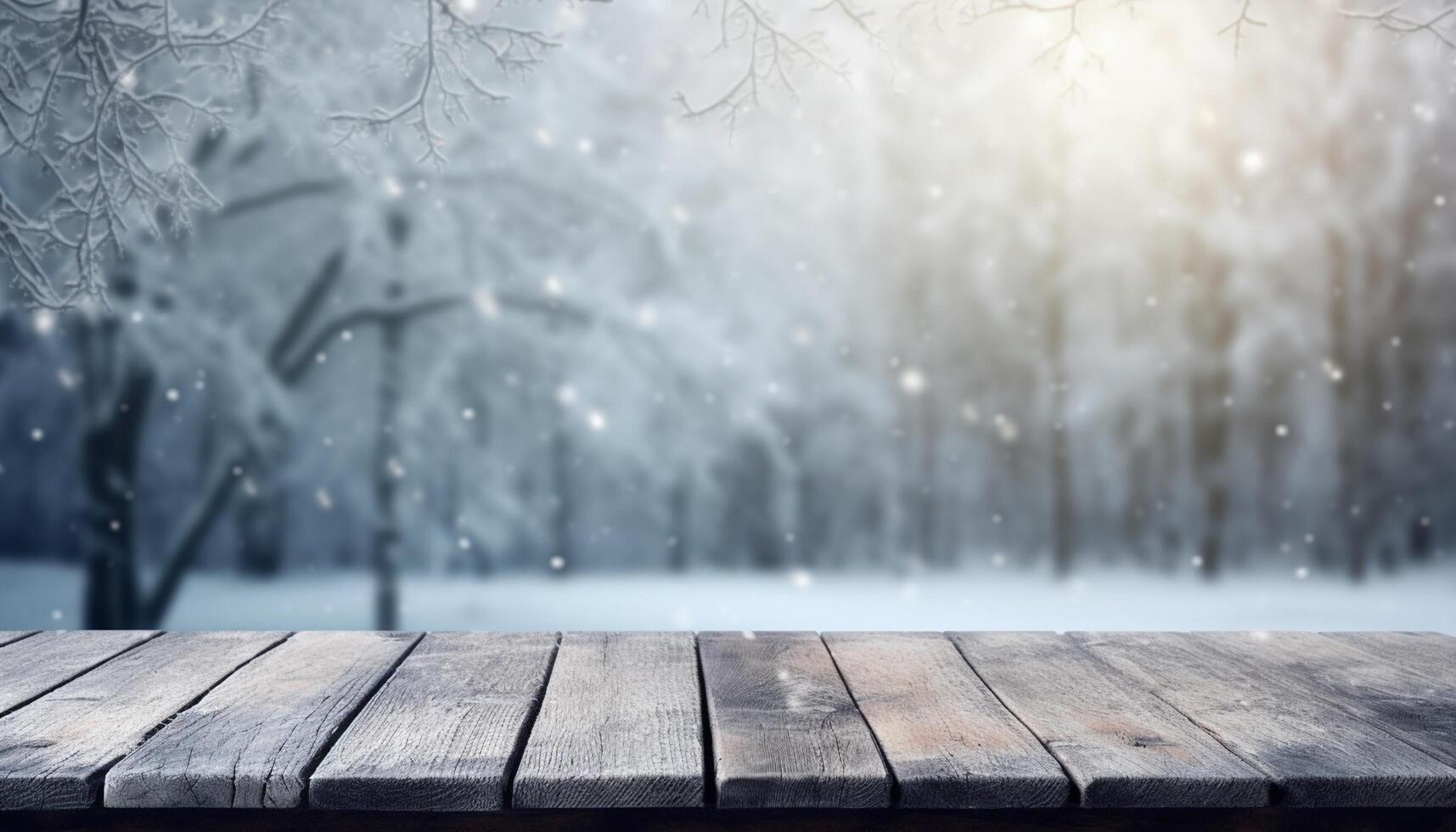 Empty Wooden table in front of winter landscape blurred background. photo