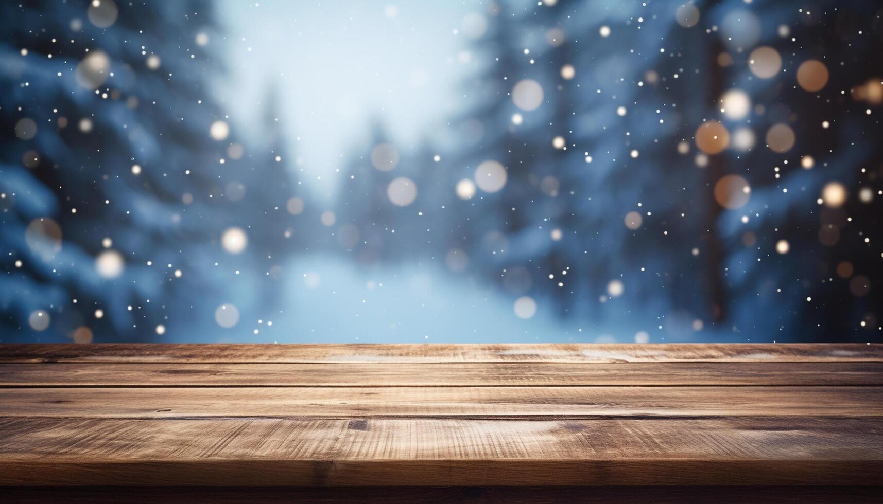 Empty Wooden table in front of winter landscape blurred background. photo