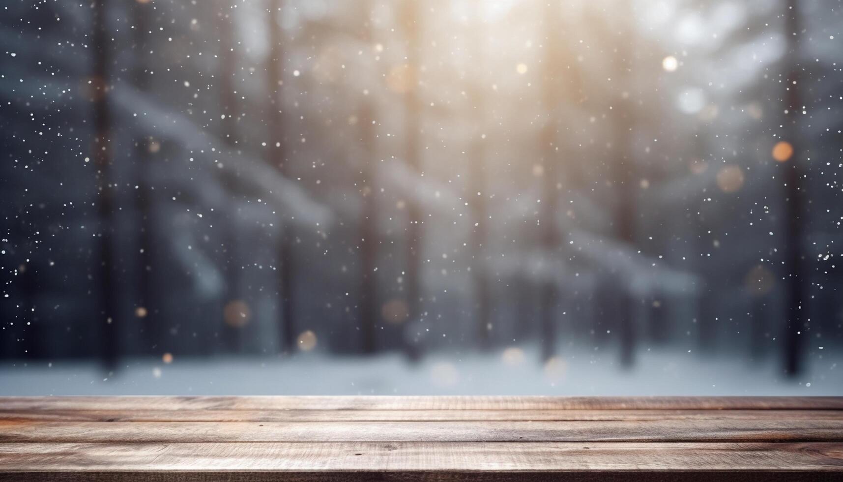 Empty Wooden table in front of winter landscape blurred background. photo