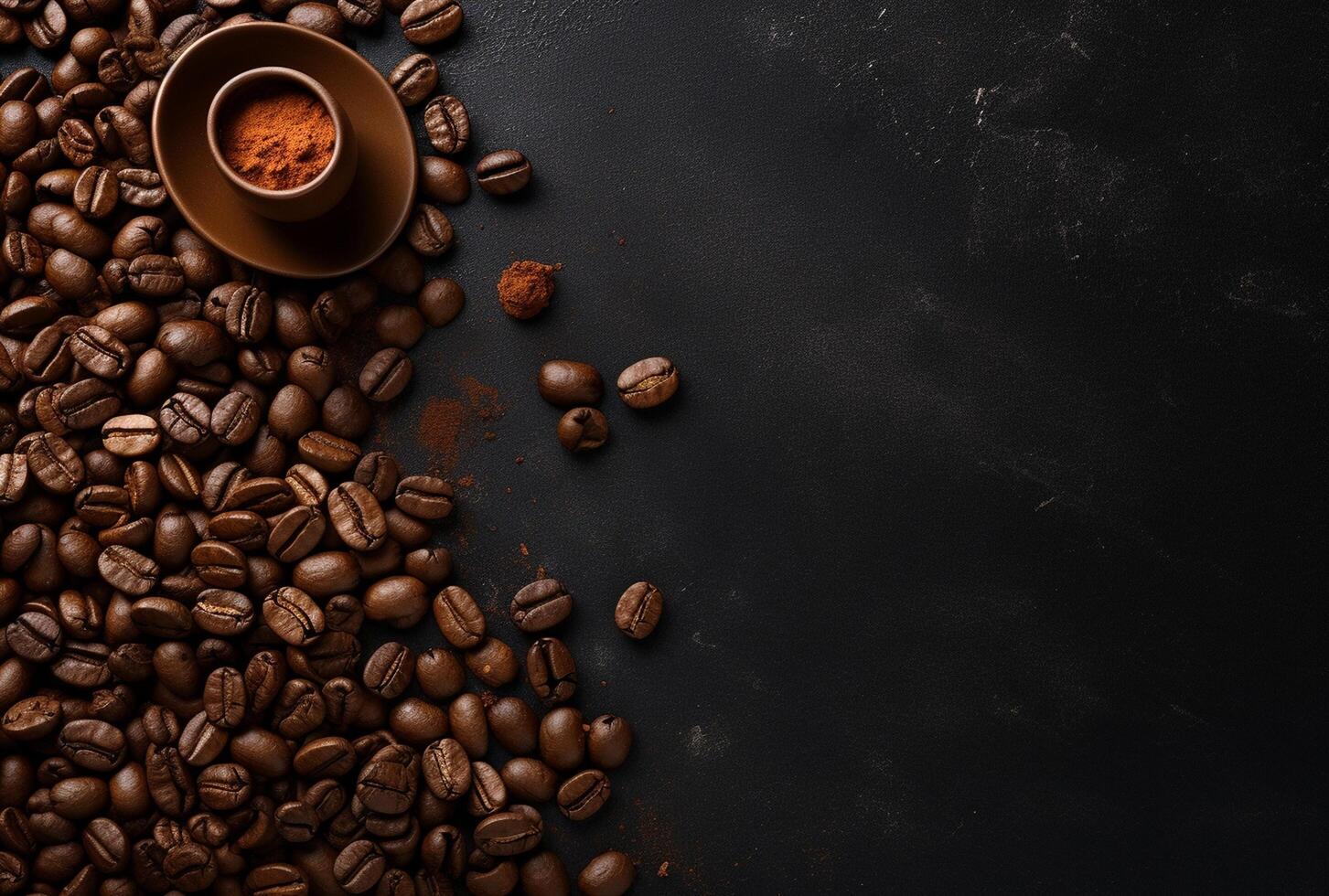 Fresh Coffee Beans On Dark Background with empty space for text. photo
