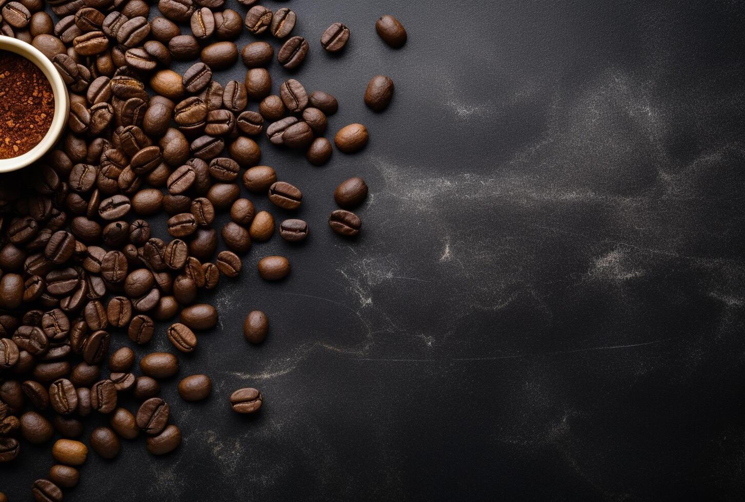 Fresh Coffee Beans On Dark Background with empty space for text. photo