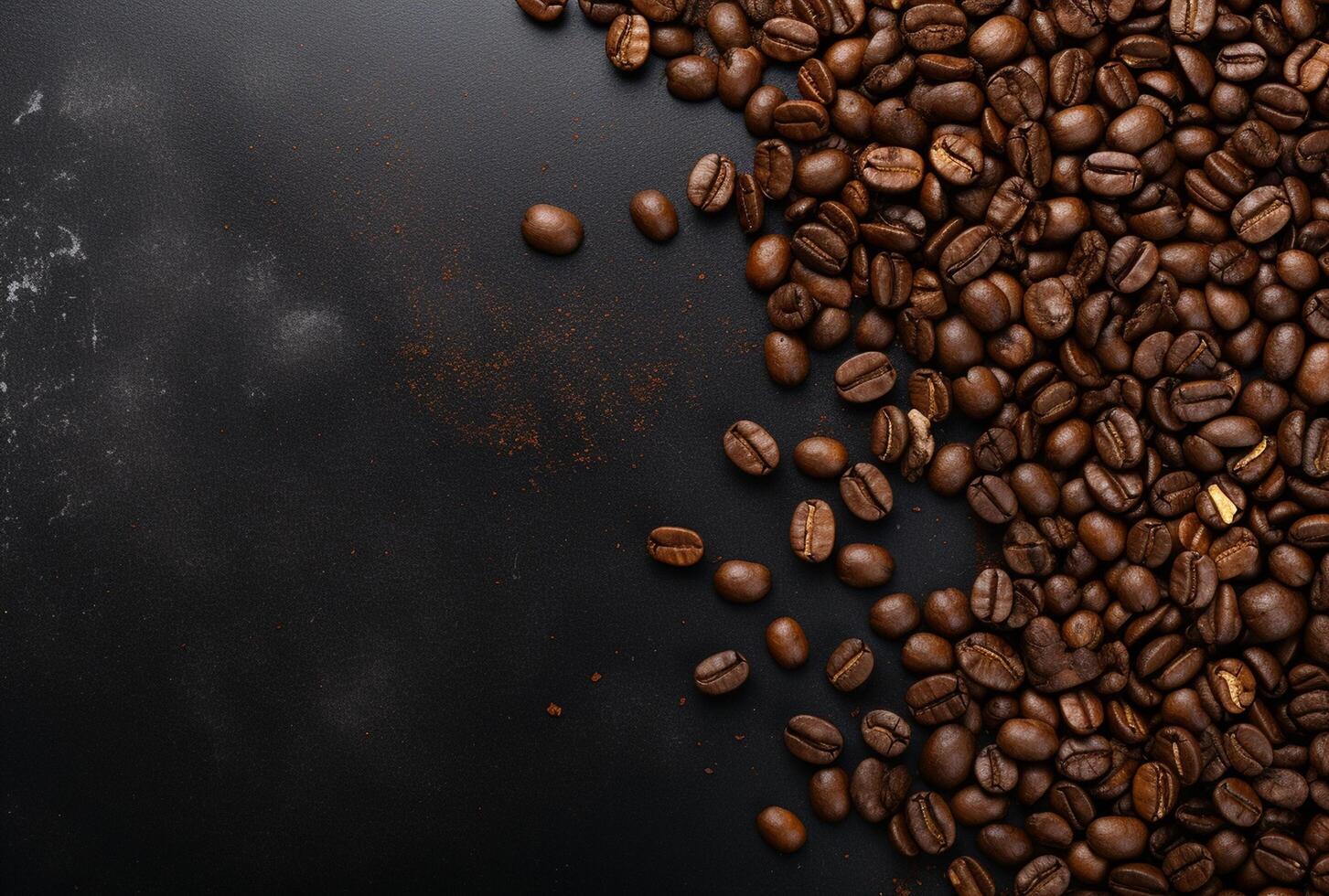 Fresh Coffee Beans On Dark Background with empty space for text. photo