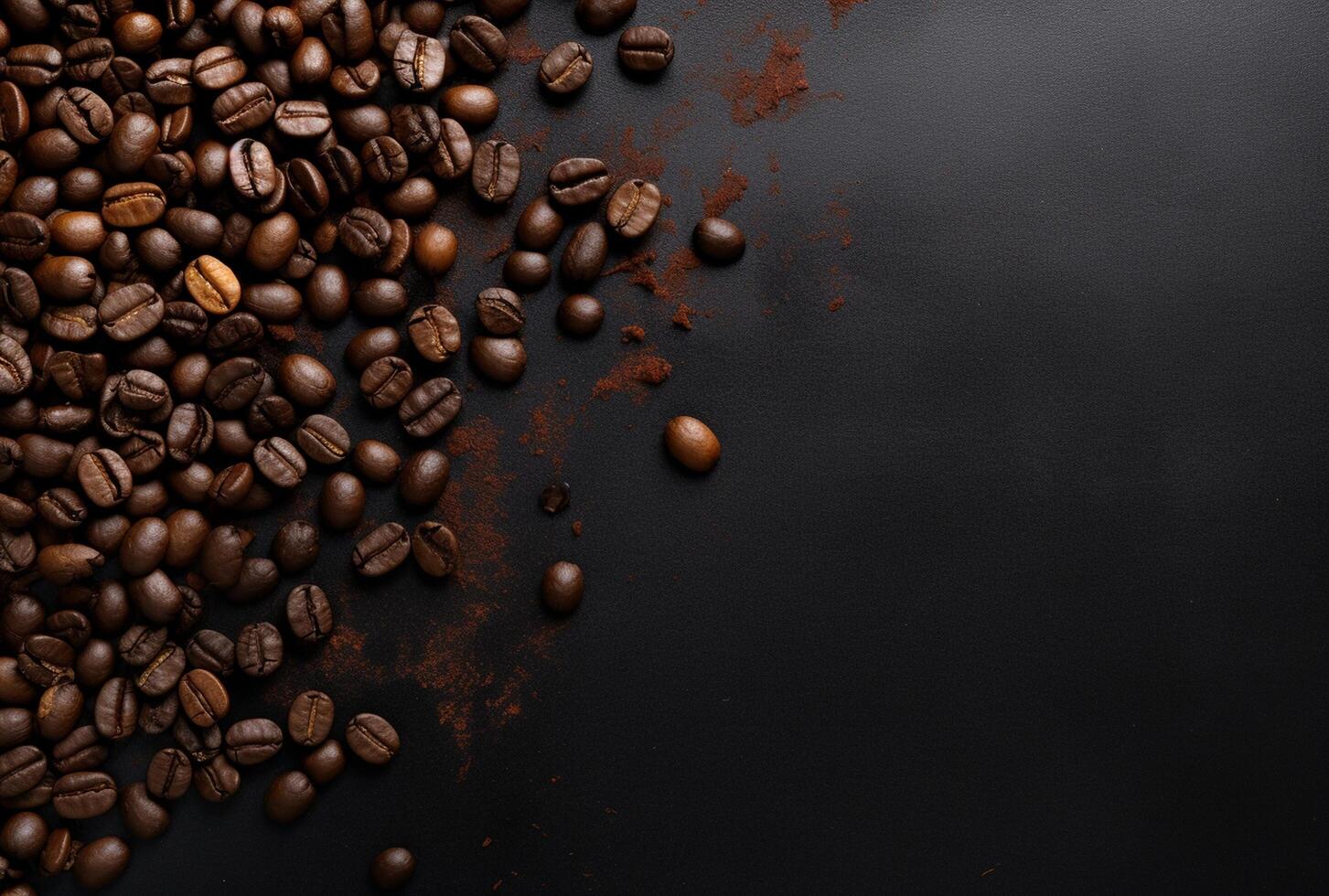 Fresh Coffee Beans On Dark Background with empty space for text. photo