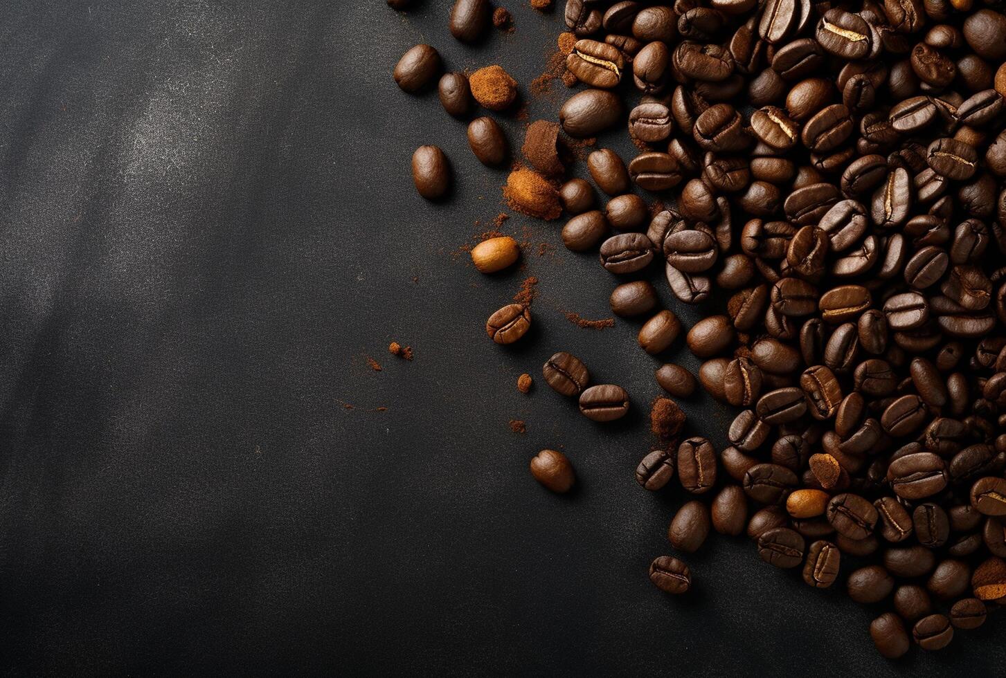 Fresh Coffee Beans On Dark Background with empty space for text. photo