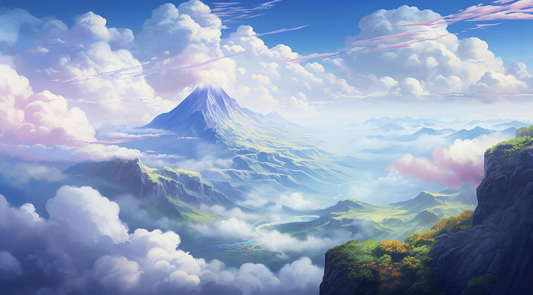 summer blue sky and fantasy cloud on the top of a mountain background. photo