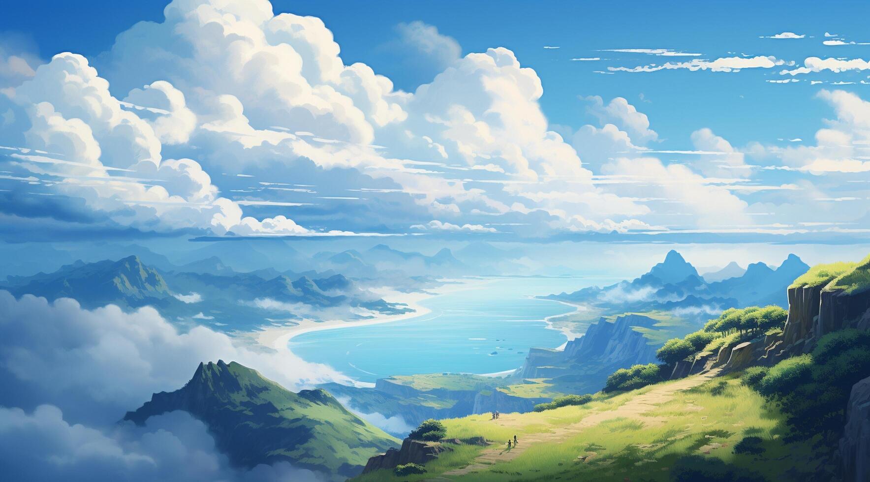 summer blue sky and fantasy cloud on the top of a mountain background. photo