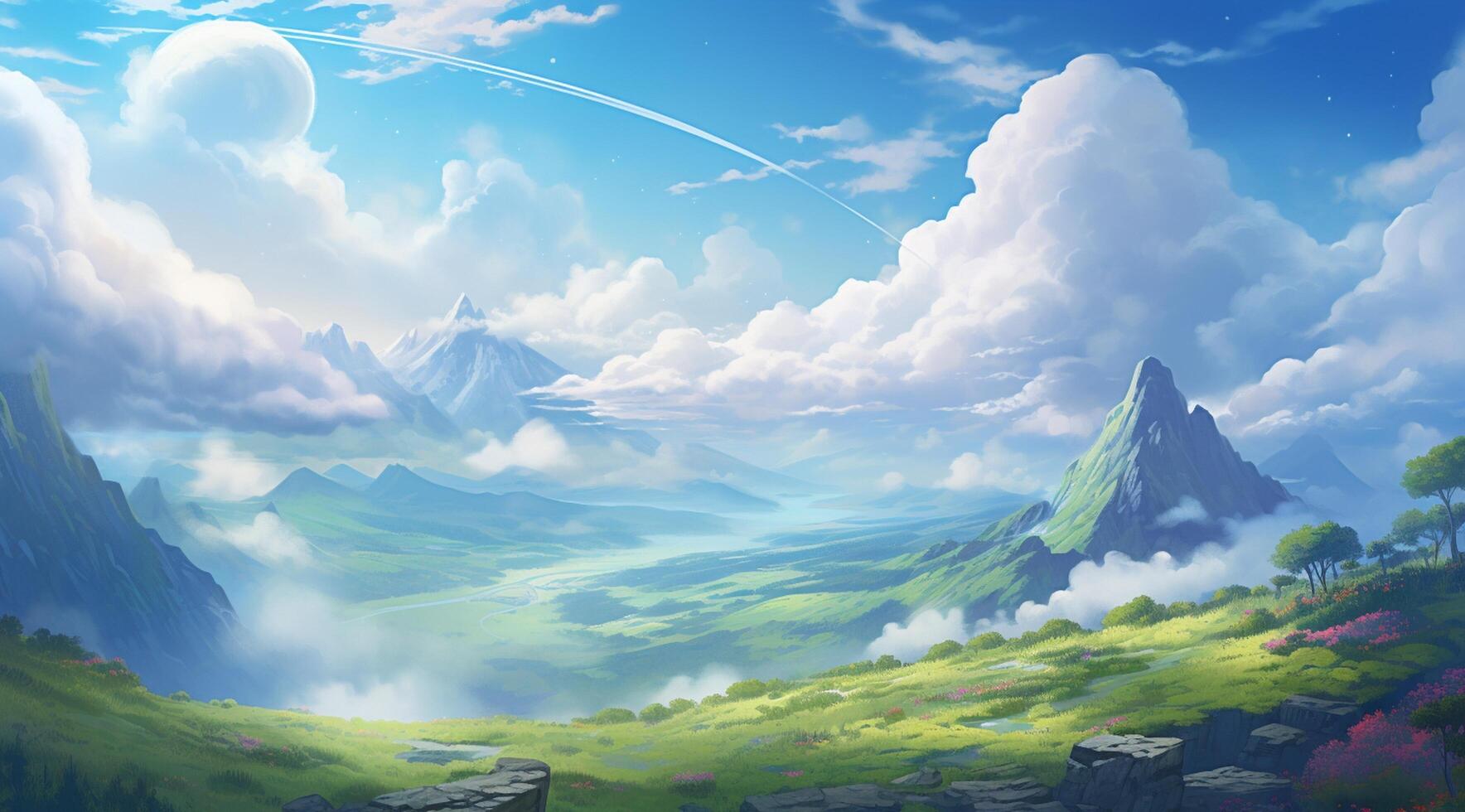 summer blue sky and fantasy cloud on the top of a mountain background. photo