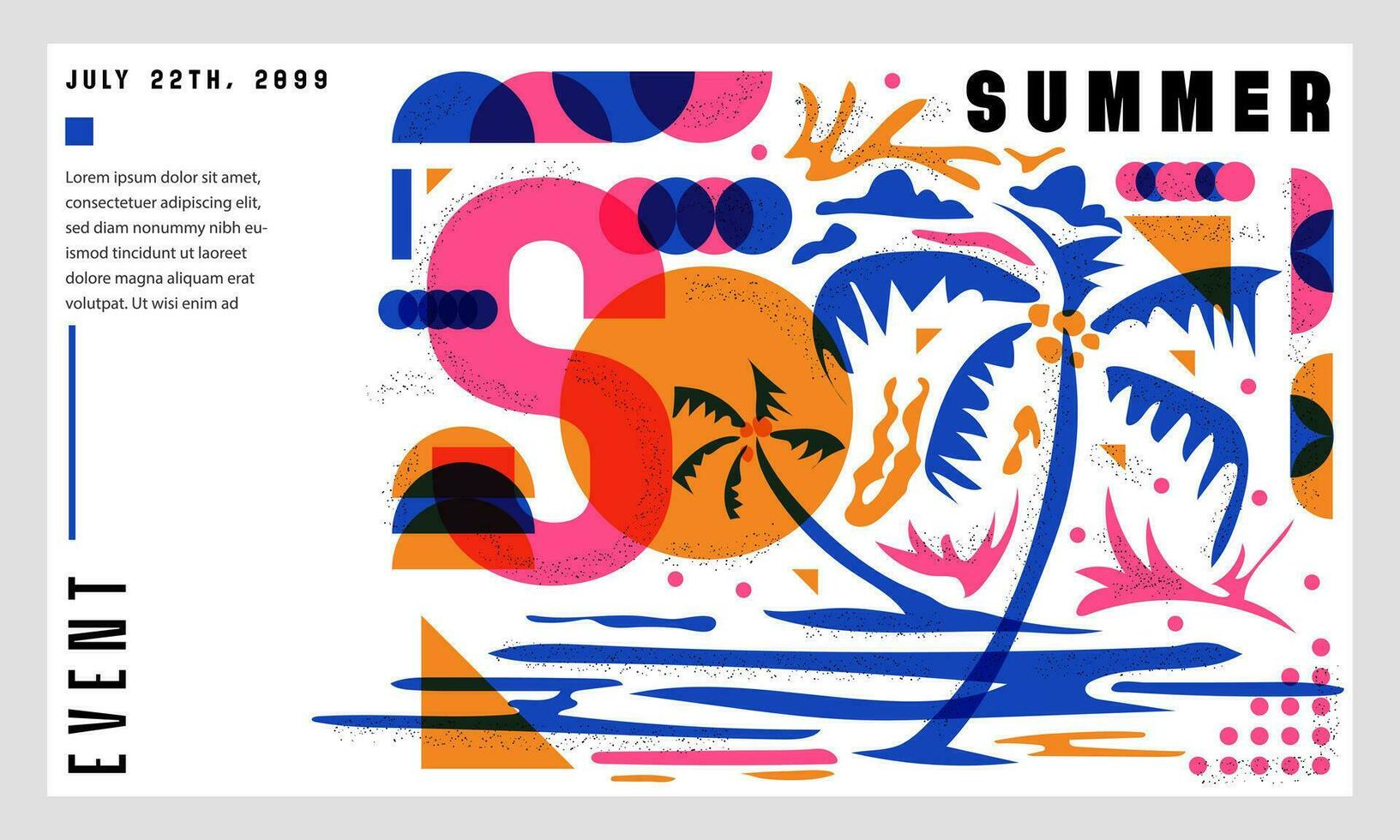 Summer Abstract Shapes Banner Template for Print and Digital Invitation Promotion and Advertisement, Risograph Vector Illustration