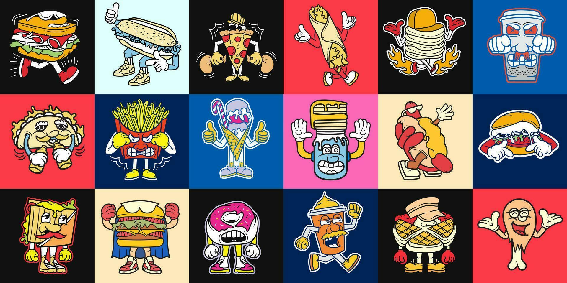 Fast Food Cartoon Character T-shirt Designs Bundle, Junk Food Cartoon Stickers and Elements Collection, Set of Cartoon Clipart, vector