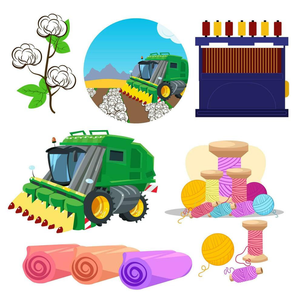 Cotton, harvester,  picker,  thread, cloth. Natural eco organic textile, fabric. Flat icon set. Vector illustration