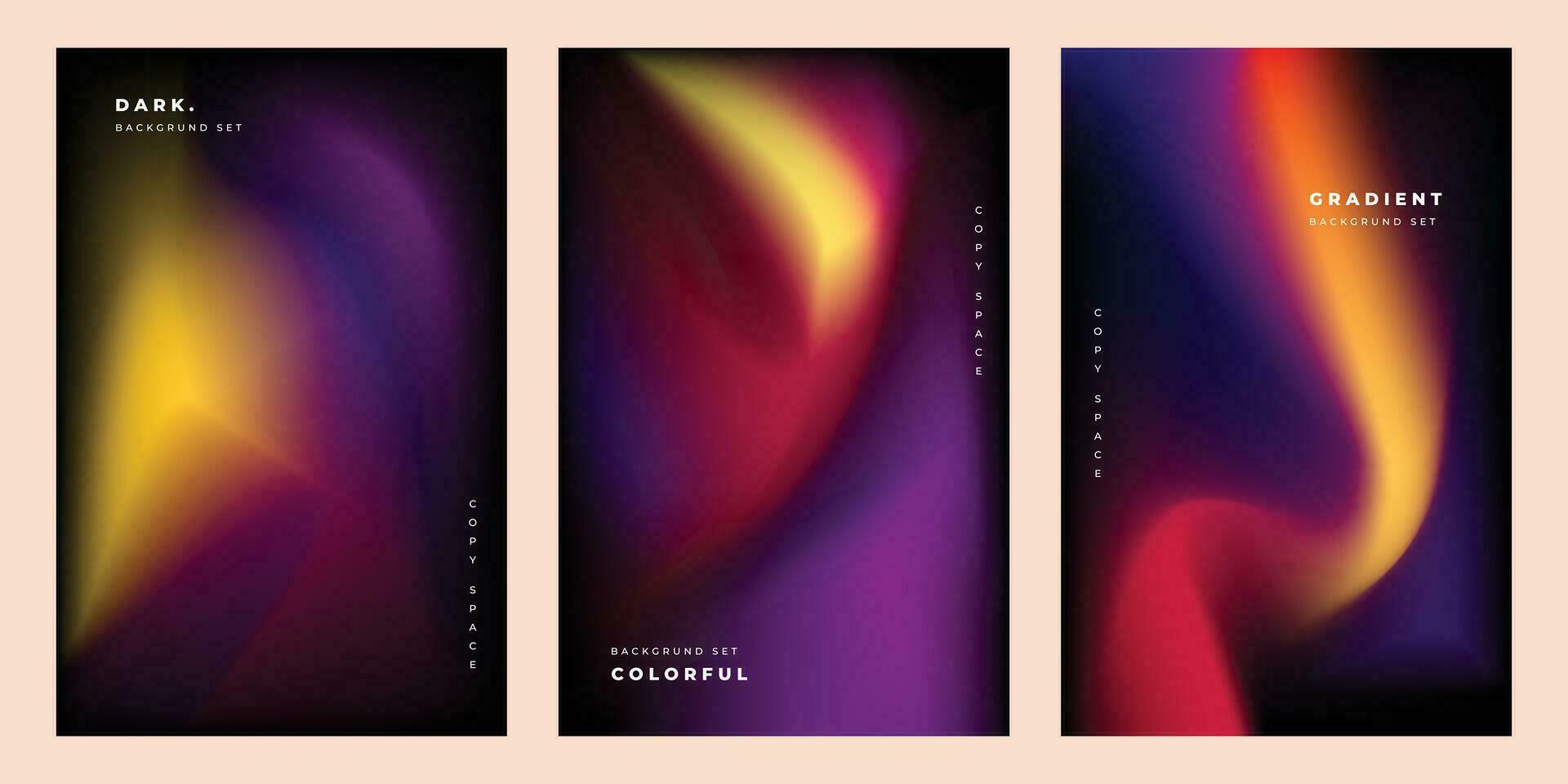 Colorful fluid gradient mesh background template copy space set. Colour gradation backdrop design for poster, banner, leaflet, pamphlet, cover, booklet, magazine, or flyer. vector