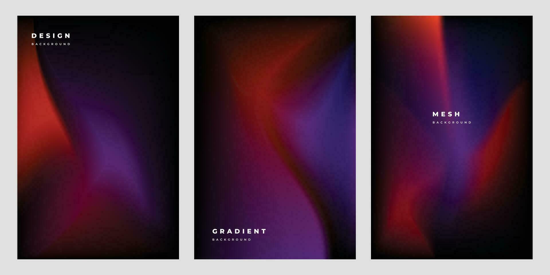 Colorful, dark, and fluid gradient mesh background template copy space set. Dark colour gradient backdrop design for poster, leaflet, banner, cover, pamphlet, magazine, or booklet. vector