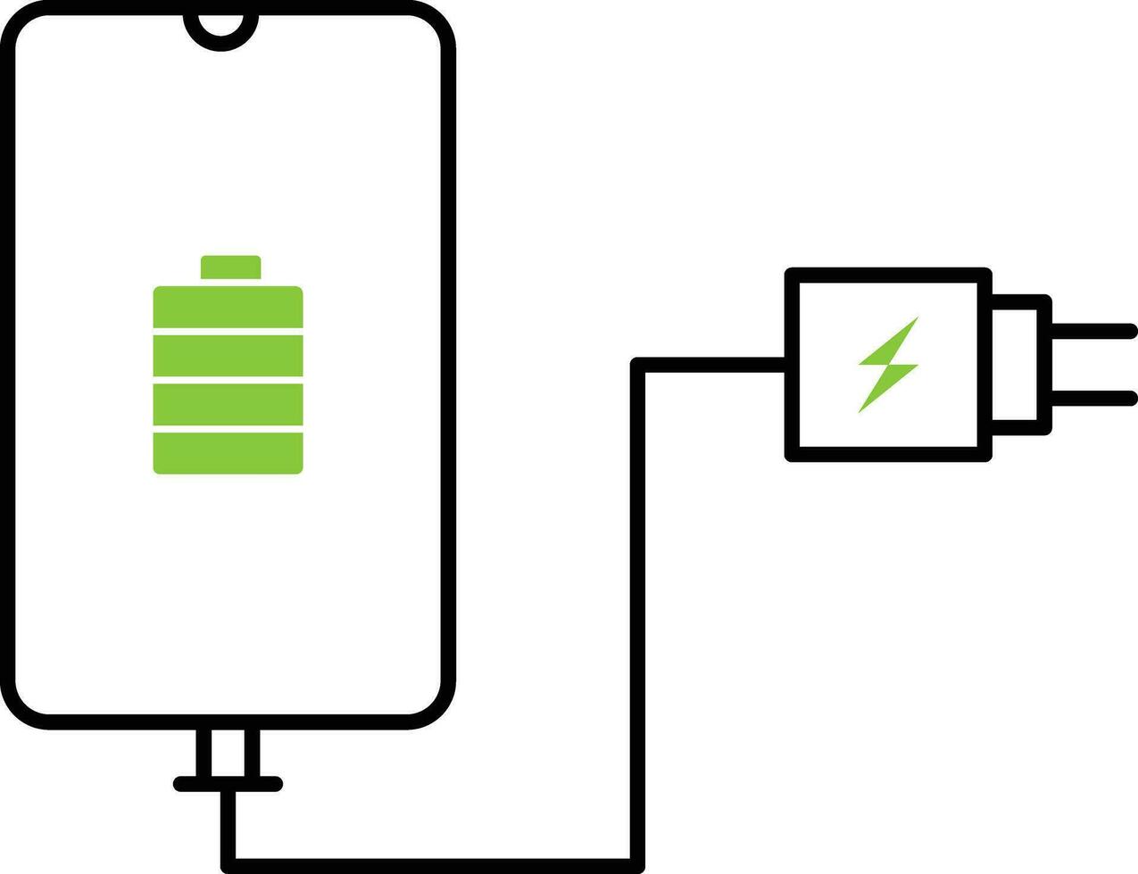 Smartphone full battery charging flat vector icon. Phone charging with green battery indicator flat vector illustration. Phone with plugged in charger design.